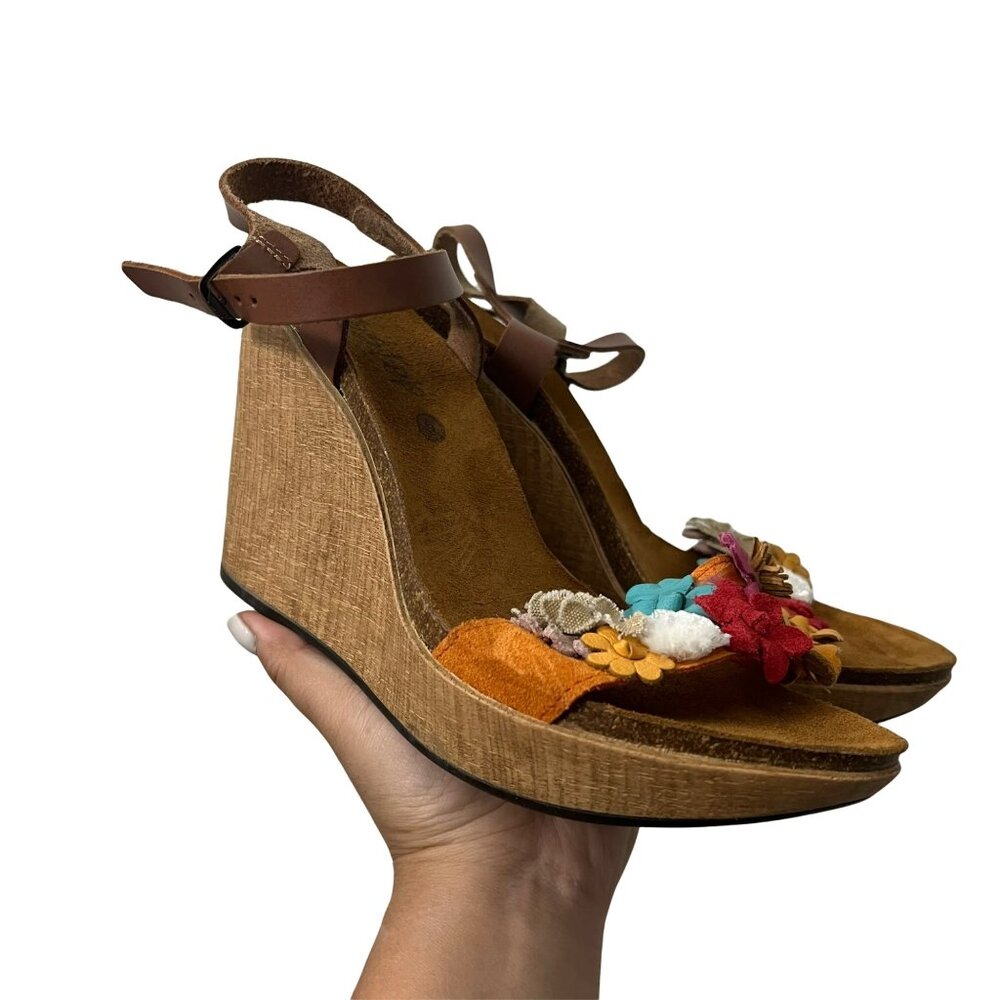 Biostep 3D Floral Leather Strap Wood Comfort Wedge Boho Sandal Heels 9 Spain